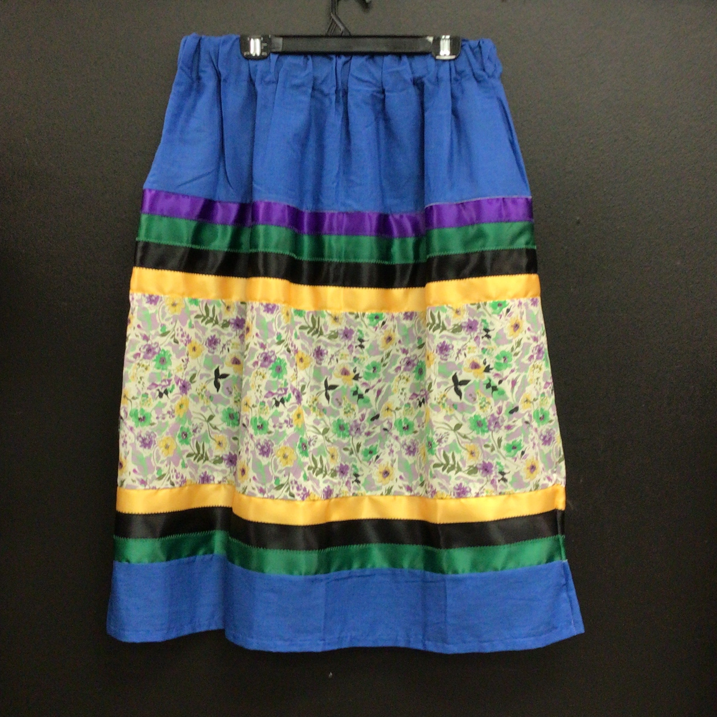 Yellow, Purple and Green, blue Background Ribbon Skirt