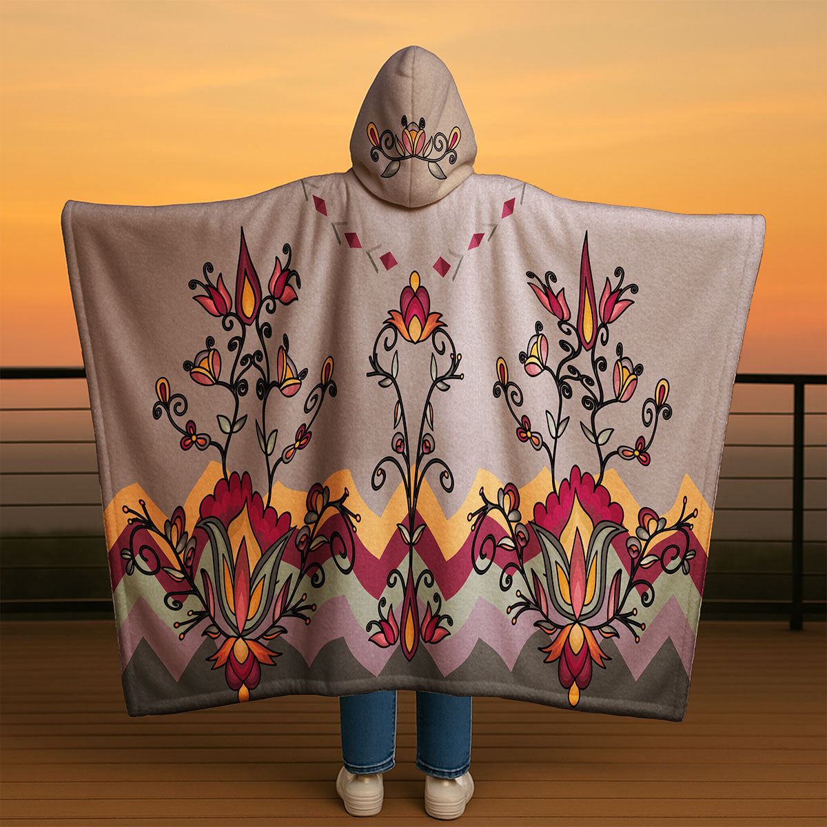 Crimson Drift Petals Hooded Blanket