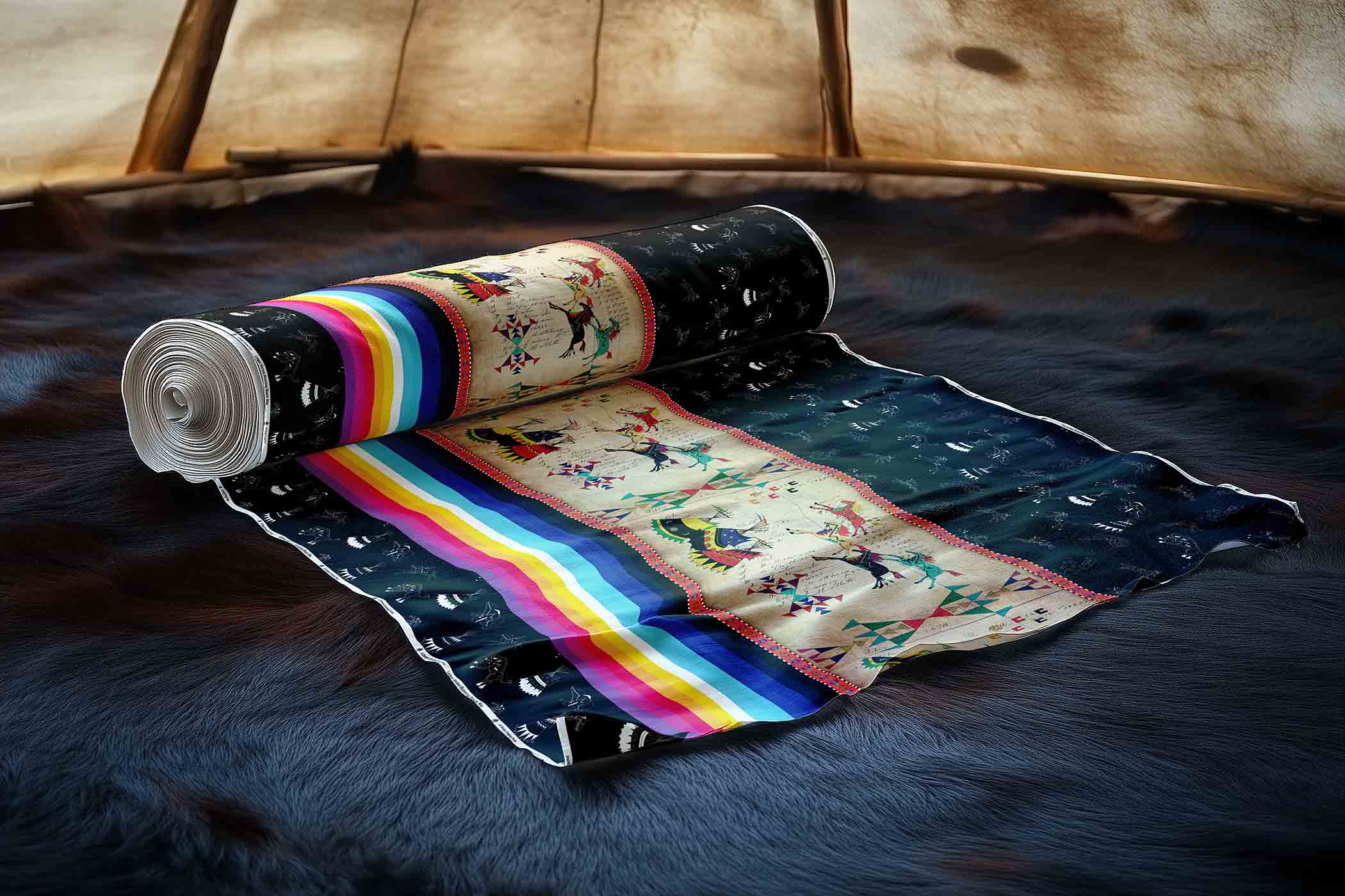 Ledger Horses Running Black Sky Cotton Poplin