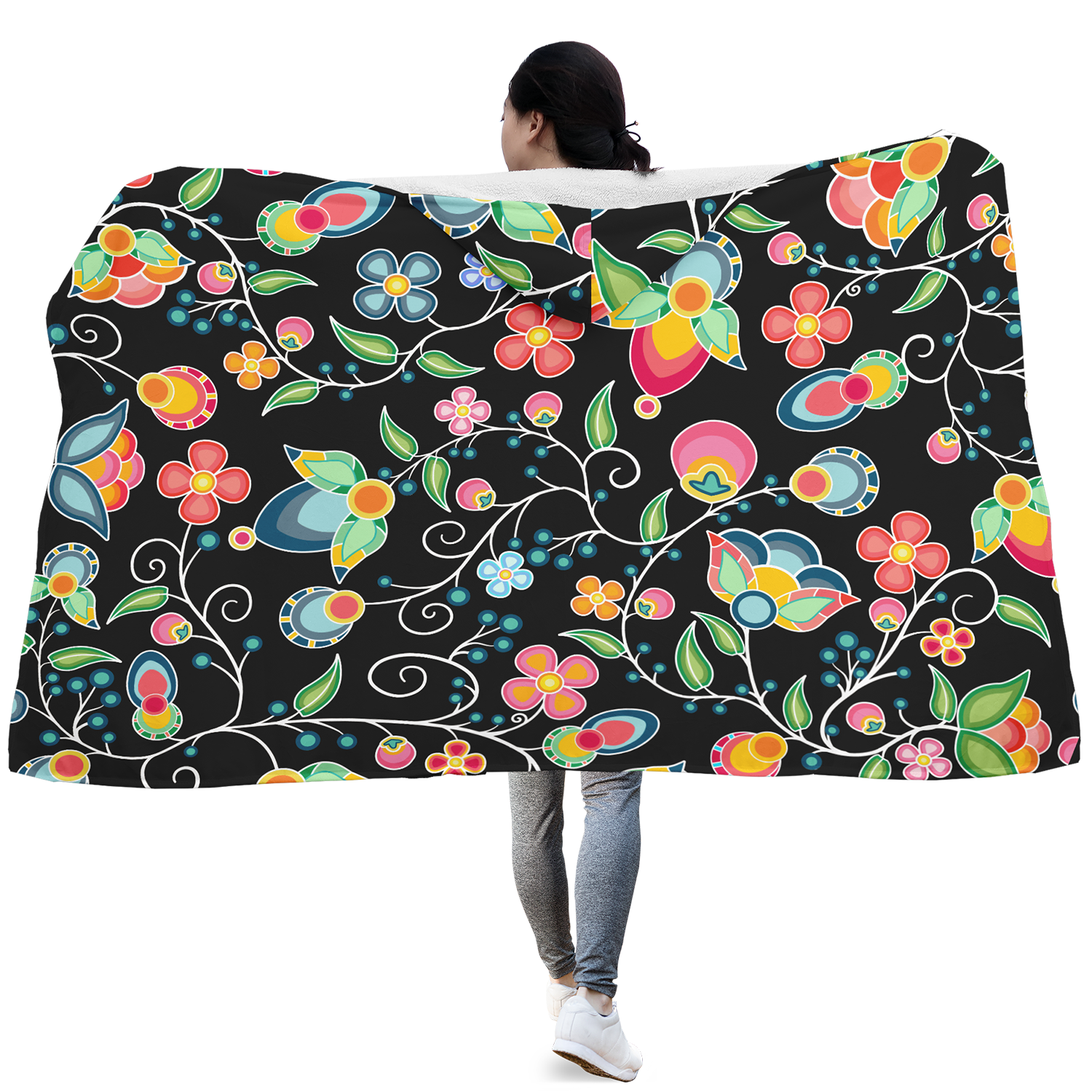 Floral Bounty Black Hooded Blanket