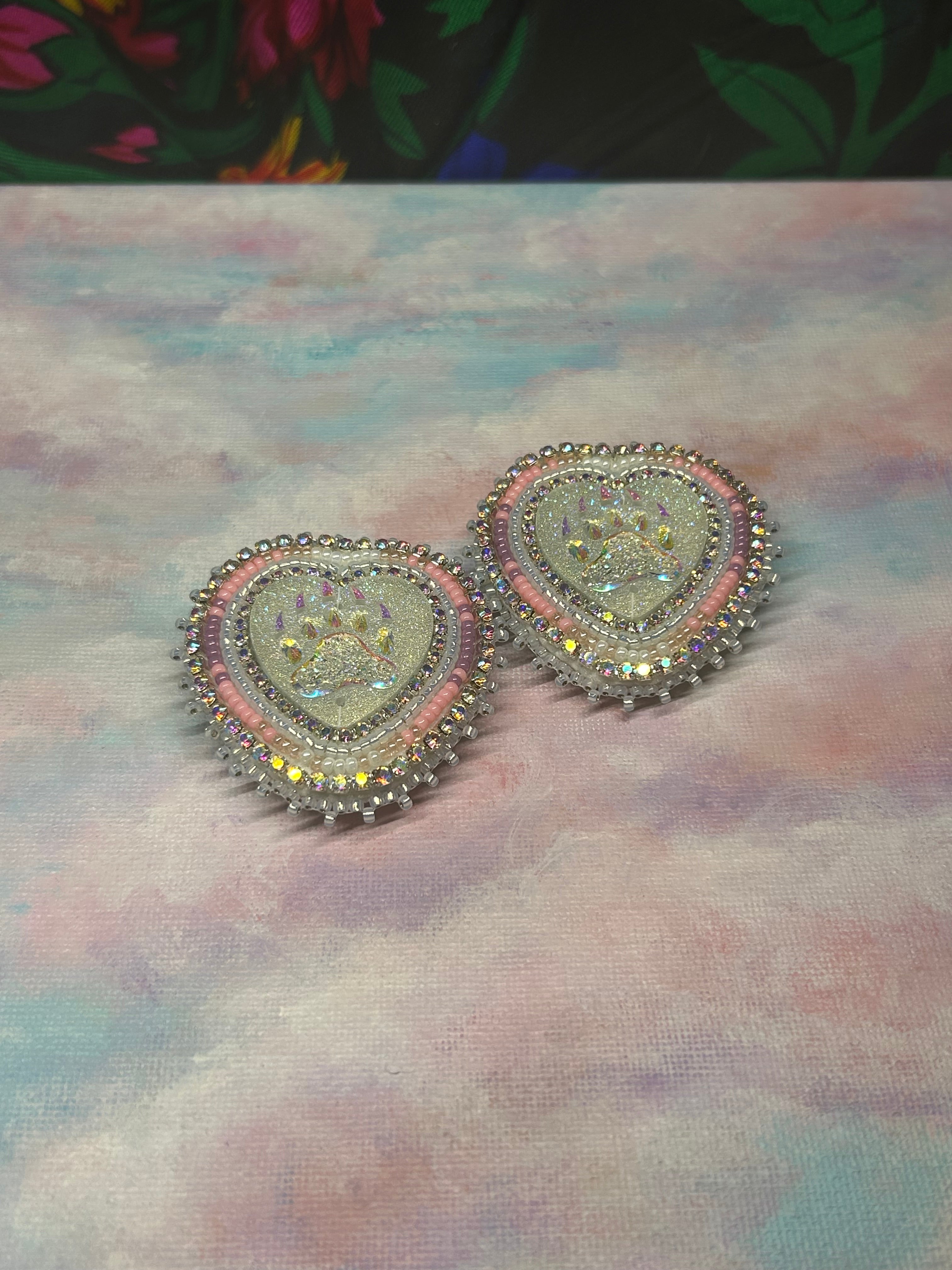 Karin Moen Pink and Purple Icy Bear Paw Heart Earrings