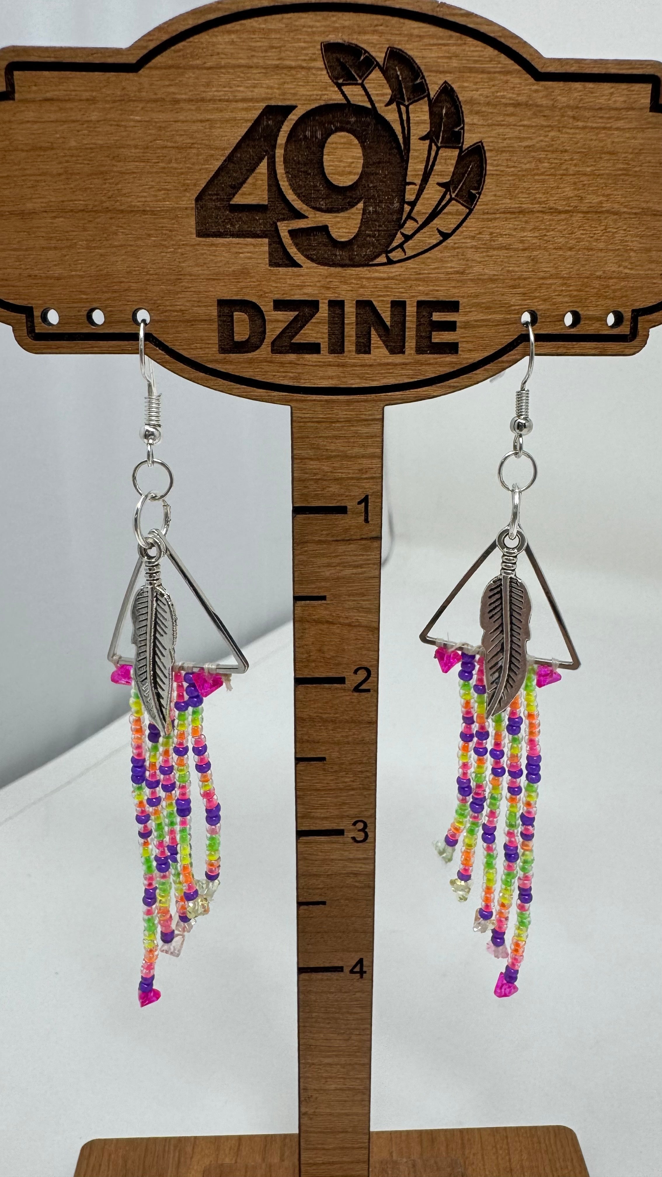 Mikey Runningbird Feather and Triangle Beaded Tassel Earrings