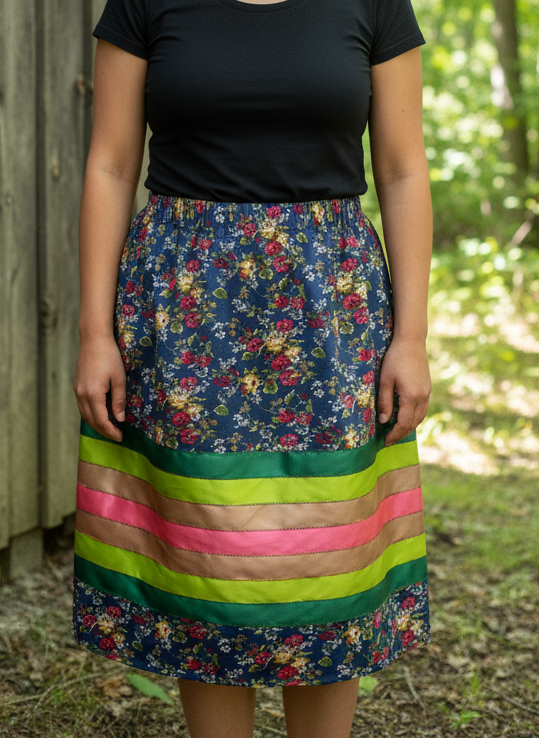 Navy Spring Floral Ribbon Skirt