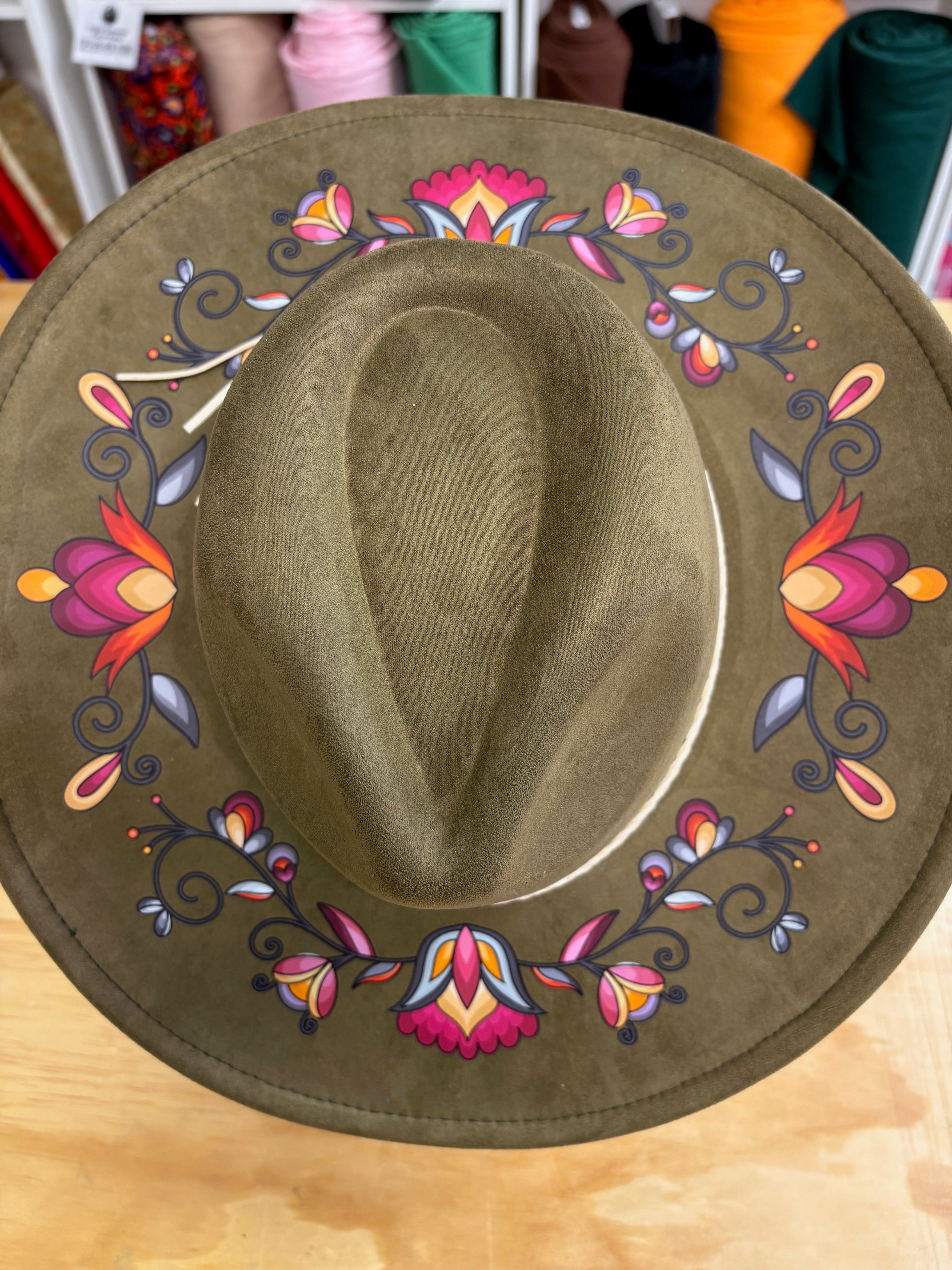 Crimson Drift Petals Olive Green Fedora Hat